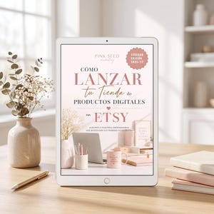 May include: A digital tablet displaying a guide titled CÓMO LANZAR TU TIENDA de PRODUCTOS DIGITALES en ETSY. The screen features a soft pink colour palette, a small heart icon, and a badge stating SEGUNDA EDICIÓN 2026/27. The text is in Spanish.