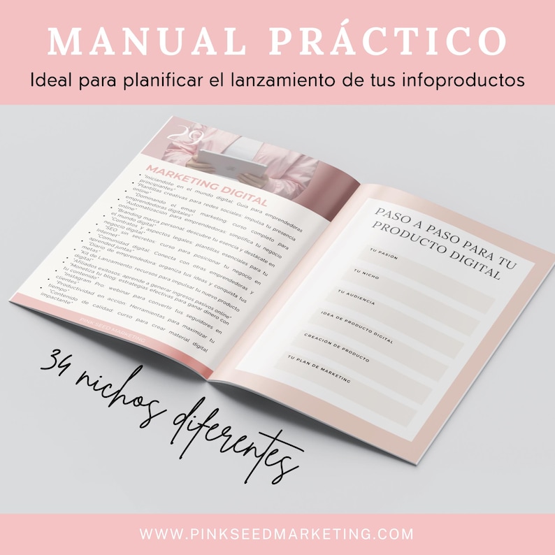 May include: An open book titled "MANUAL PR&Aacute;CTICO" with the subtitle "Ideal para planificar el lanzamiento de tus infoproductos". The book's pages show "MARKETING DIGITAL" and "PASO A PASO PARA TU PRODUCTO DIGITAL" with text and fill-in sections. The text "34 nichos diferentes" is also visible.