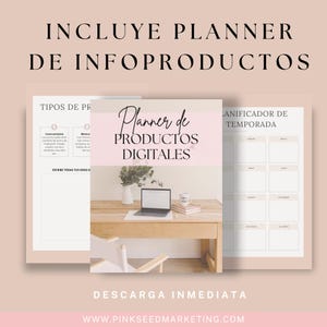 May include: A digital planner with the text "Planner de PRODUCTOS DIGITALES" is displayed on a wooden desk with a laptop, books, and a mug. The image includes the text "INCLUYE PLANNER DE INFOPRODUCTOS" and "DESCARGA INMEDIATA". The background is a light pink colour.