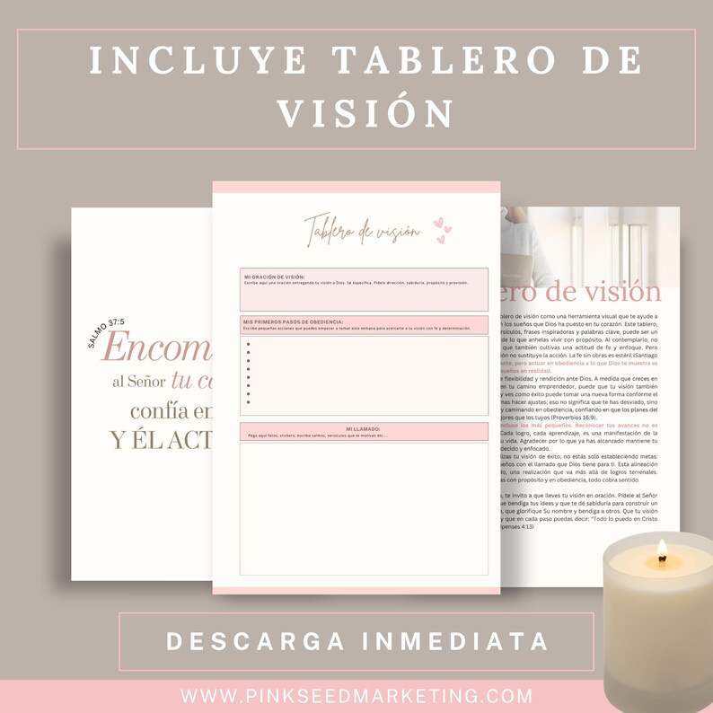 K&ouml;nnte beinhalten: Eine rosa und wei&szlig;e druckbare Vision Board Vorlage mit dem Text "Tablero de visi&oacute;n" und "Encom al Se&ntilde;or tu ci conf&iacute;a er Y &Eacute;L ACT" auf Spanisch. Die Vorlage enth&auml;lt Abschnitte f&uuml;r "Mis Gracias de Visi&oacute;n", "Mis Primeros Pasos de Obediencia", "Mi Llamado" und "Mi Visi&oacute;n".