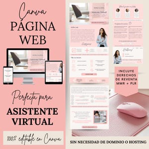 Könnte beinhalten: Ein rosa-weißes Canva-Website-Template für einen virtuellen Assistenten, angezeigt auf einem Computer, Tablet und Telefon. Das Design enthält den Text "Canva PÁGINA WEB" und "Perfecta para ASISTENTE VIRTUAL". Eine rosa Maus und ein Mauspad sind ebenfalls sichtbar.