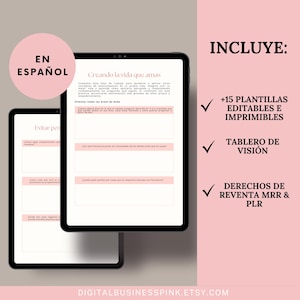 K&ouml;nnte beinhalten: Ein rosa-wei&szlig;es digitales Produkt-Mockup mit dem Text "En Espa&ntilde;ol" und "Creando la vida que amas". Das Produkt beinhaltet 15 bearbeitbare und druckbare Vorlagen, ein Vision Board und Wiederverkaufsrechte f&uuml;r MRR und PLR.