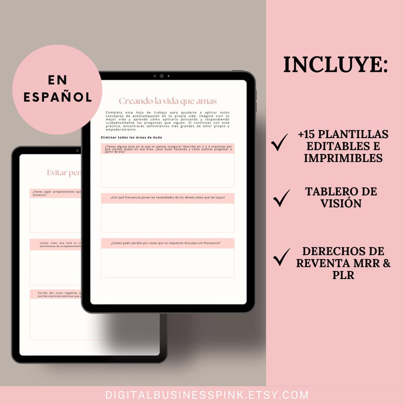 K&ouml;nnte beinhalten: Ein rosa-wei&szlig;es digitales Produkt-Mockup mit dem Text "En Espa&ntilde;ol" und "Creando la vida que amas". Das Produkt beinhaltet 15 bearbeitbare und druckbare Vorlagen, ein Vision Board und Wiederverkaufsrechte f&uuml;r MRR und PLR.