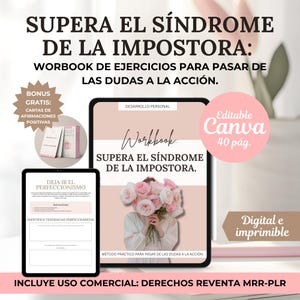 Workbook Síndrome de la Impostora; planner Amor Propio y Autoestima; Desarrollo Personal Español, Producto Digital Editable en Canva PLR/MRR