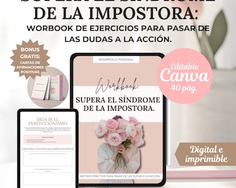 Puede incluir: Un cuaderno de trabajo digital titulado "Supera el Síndrome de la Impostora" con ejercicios para pasar de la duda a la acción. Incluye un bono de tarjetas de afirmaciones positivas. El diseño es en tonos rosas suaves, con el texto "Editable Canva 40 pág."