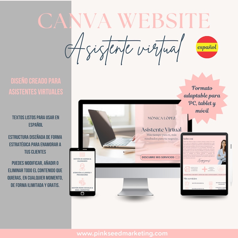 May include: A digital marketing design for virtual assistants, featuring a computer, tablet, and smartphone displaying a website template. The design includes the text "CANVA WEBSITE Asistente virtual" and "Dise&ntilde;o creado para Asistentes Virtuales."
