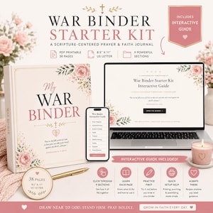 May include: A War Binder Starter Kit featuring a prayer and faith journal, a laptop displaying an interactive guide, a smartphone, and a gold pen. The kit includes 38 pages, 8.5 by 11 inch US letter size, and 9 sections with floral accents.
