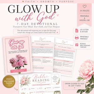 Könnte beinhalten: Ein 16-seitiges, druckbares 7-Tage-Andachtsbuch mit dem Titel Glow Up with God, mit rosa Blumen-Cover, täglichen Reflexionsseiten mit Text und einem Bonus-Bibel-Lese-Tracker. Enthält US-Letter- und A4-Formate für die digitale Nutzung.