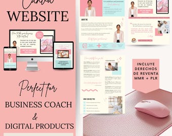 Plantilla página web Canva en español para coach y emprendedora; editable con Derechos de reventa MRR-PLR; landing page negocio digital