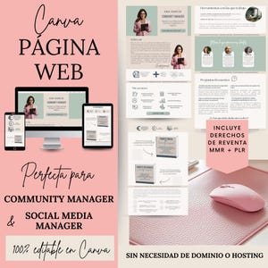 Puede incluir: Un fondo rosa con el texto "Canva PÁGINA WEB" en blanco. La imagen muestra una pantalla de ordenador que muestra una plantilla de sitio web para un gestor de comunidad. El texto "Perfecta para COMMUNITY MANAGER & SOCIAL MEDIA MANAGER" está debajo de la pantalla del ordenador. El texto "100% editable en Canva" está debajo del texto. El texto "SIN NECESIDAD DE DOMINIO O HOSTING" está en la esquina inferior derecha de la imagen.