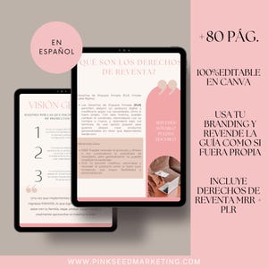 Puede incluir: Una gu&iacute;a de marketing digital rosa y blanca con el texto "En Espa&ntilde;ol" y "Qu&eacute; son los derechos de reventa?" La gu&iacute;a incluye 80 p&aacute;ginas y es 100% editable en Canva. La gu&iacute;a est&aacute; dise&ntilde;ada para ayudar a los usuarios a crear su propia marca y revender productos.