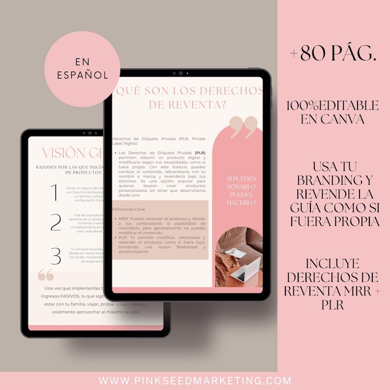 Puede incluir: Una gu&iacute;a de marketing digital rosa y blanca con el texto "En Espa&ntilde;ol" y "Qu&eacute; son los derechos de reventa?" La gu&iacute;a incluye 80 p&aacute;ginas y es 100% editable en Canva. La gu&iacute;a est&aacute; dise&ntilde;ada para ayudar a los usuarios a crear su propia marca y revender productos.