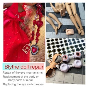 May include: A collage of Blythe doll repair parts and accessories. The image includes doll parts, replacement eyes, and a red heart-shaped charm. Text reads "Blythe doll repair" and describes services.
