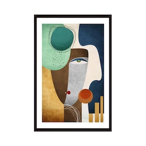 Puede incluir: Impresión de arte abstracto con un rostro estilizado con un ojo verde, formas marrones, azules y naranjas, y un fondo texturizado.