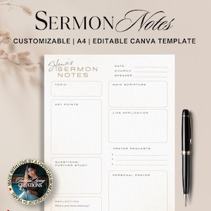 Minimalist Sermon Notes Journal: Bible Study Printable (Canva Template)