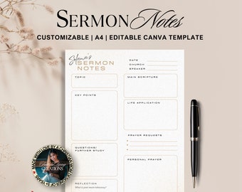 Minimalist Sermon Notes Journal: Bible Study Printable (Canva Template)