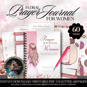 Puede incluir: Un diario de oración floral rosa y blanco para mujeres con un recuento de 60 páginas. La portada presenta una ilustración de acuarela de una mujer con cabello largo que lleva un vestido rosa. El diario incluye un diario de reflexión diaria, páginas de escrituras y un calendario de oración.
