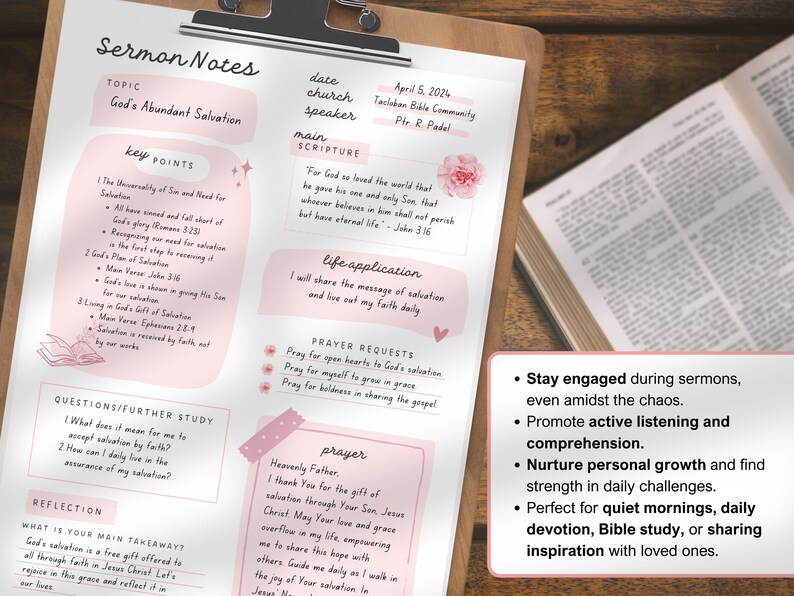 Pink Sermon Notes Printable, Digital Bible Study Template, GoodNotes Church Sermon Notes Summary, Pretty Christian Journal Gift for Women