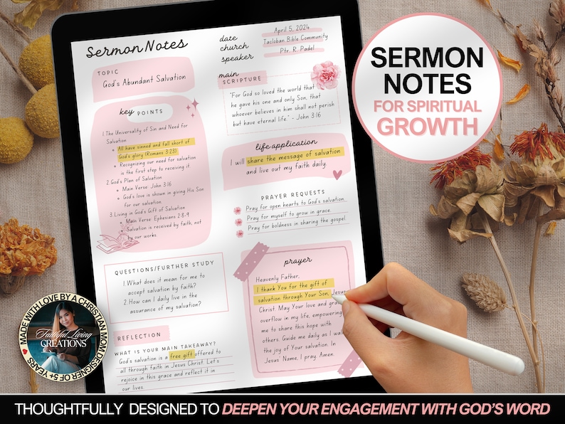 Pink Sermon Notes Printable, Digital Bible Study Template, GoodNotes Church Sermon Notes Summary, Pretty Christian Journal Gift for Women