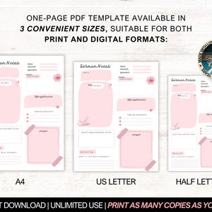 Pink Sermon Notes Printable, Digital Bible Study Template, GoodNotes Church Sermon Notes Summary, Pretty Christian Journal Gift for Women