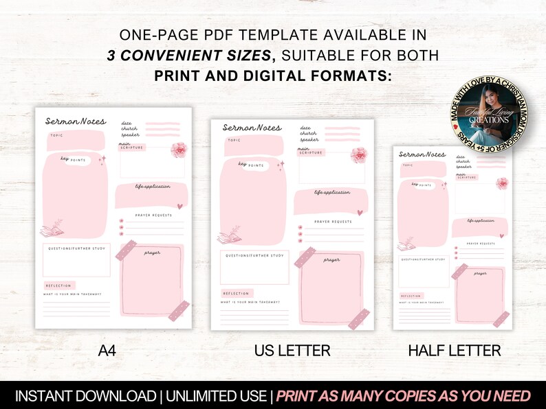 Pink Sermon Notes Printable, Digital Bible Study Template, GoodNotes Church Sermon Notes Summary, Pretty Christian Journal Gift for Women