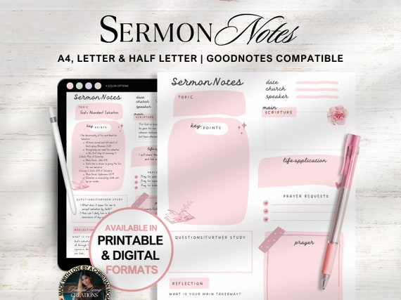 Pink Sermon Notes Printable: Christian Bible Study Template (Digital Download)