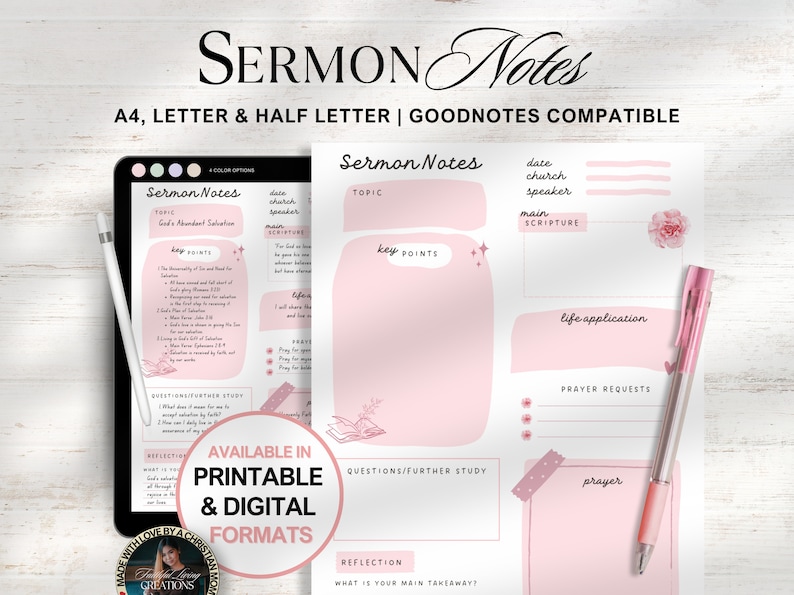 Pink Sermon Notes Printable, Digital Bible Study Template, GoodNotes Church Sermon Notes Summary, Pretty Christian Journal Gift for Women