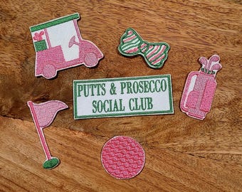 Putts and prosecco golf themed pink and green iron on or sew on embroidered patches. set of 6.