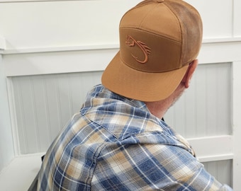 Embroidered fish hook on a richardson 112 trucker round bill or 168 flat bill hat