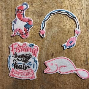 Strykmärken för Fishing Hair Dont Care. Enstaka lappar eller set.