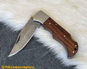 Cuchillo de bolsillo de acero de Damasco hecho a mano, cuchillo plegable, regalo personalizado para él, regalo para papá, regalo de cumpleaños, regalo del día de San Valentín, CustomKnife