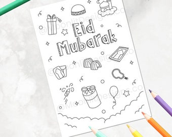 Könnte beinhalten: Eine Schwarzweiß-Malvorlage mit dem Text "Eid Mubarak" und Illustrationen von Geschenken, einer Moschee, einem Gebetsteppich, einem Ballon und einem Halbmond.