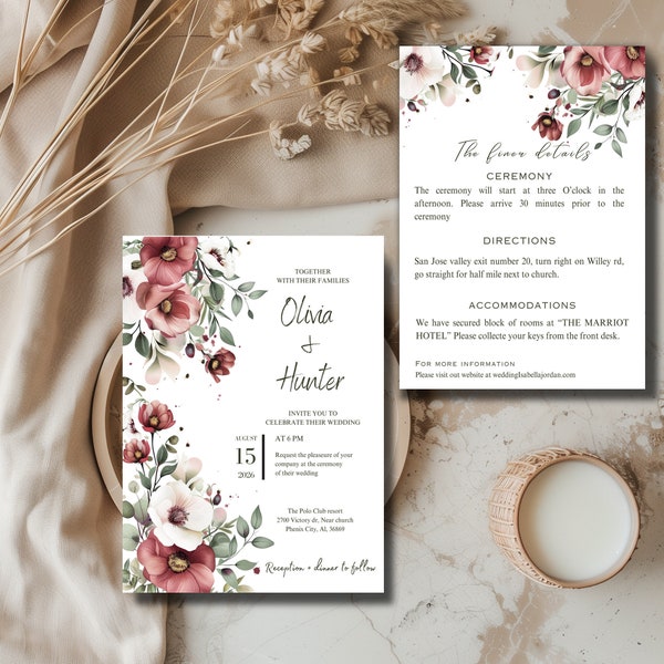 Elegant Earthy Floral Design Wedding Invitation Template - Digital Download