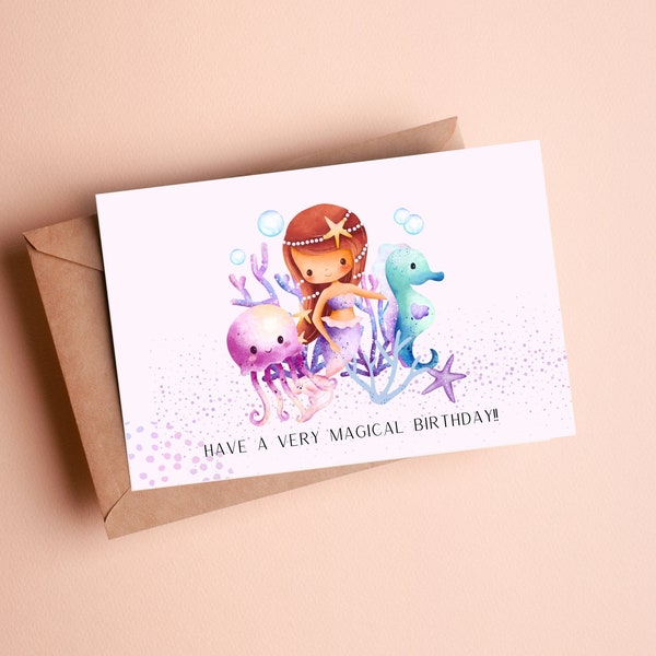 Printable Mermaid Birthday Card, Birthday Card for little girls, Digital Download, Greeting Card