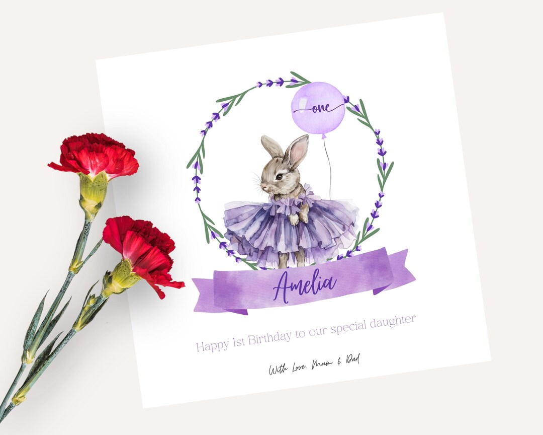 Printable First Birthday Card for Little Girls, Bunny First Birthday