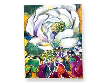 Original White Blossom Acrylic Floral Painting on Canvas (11" x 14")