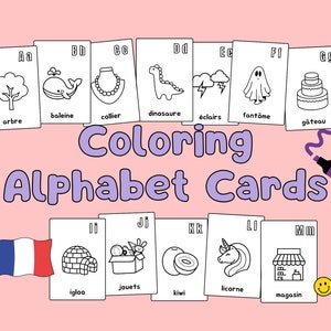 Flashcards do alfabeto francês para crianças | Cartões Educacionais A-Z | Páginas para colorir | Imprimível | Produto Digital | Download instantâneo | ABC enxuto