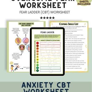 May include: A digital worksheet titled "Overcome Fear Worksheet" with a "Fear Ladder" and "Coping Skills List." The worksheet includes an anxiety rating scale and instructions for self-soothing using the five senses. Bonus coping skills sheets are included.