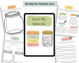 May include: Anxiety workbook titled "Sort My Worries" with coping skills and CBT worksheets. The cover features a tablet with the title and a jar graphic. Pages include prompts for drawing, sorting, letting go, and taking action to manage worries.