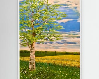 May include: A framed landscape painting depicts a tree with green leaves and a textured, light-colored trunk. The tree stands in a field of yellow flowers and green grass under a blue sky with white clouds. The artwork is displayed in a white frame.