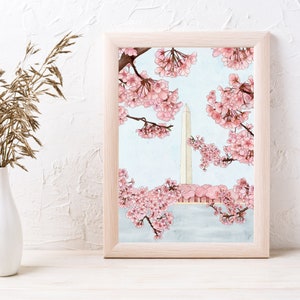Washington DC Cherry Blossom Poster, Sakura Art, Washington Monument Illustration, Travel Print, Capitol Wall Art, Pink Wall Decor