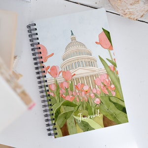 Spiral Notebook of Washington DC Tulip Season, US Capitol in Spring, Traveler Bullet Notepad, Housewarming Gift for Washington DC Resident