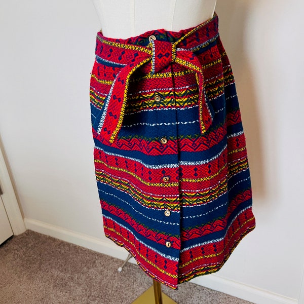 Vintage 70's Skirt-Multi Colored-Woven with Tie Belt-Mini by "Fritzi of California"