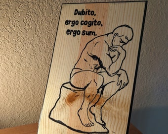 The Thinker Wood Carving | "I Doubt, Therefore I Think, Therefore I Am" quote | Rene Descartes Wall Art