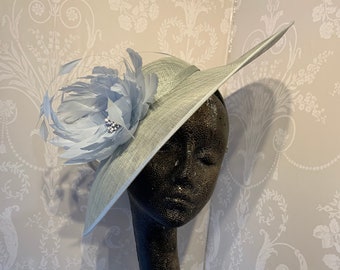 Stunning Sinamay Pale Blue Hatinator with Large Feather Flower simply exquisite All Colours made to order Max 7 Days