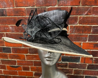 Stunning  formal,Black  and Cream large  Sinamay Wedding Hat with sinamay flowers and matching feathers