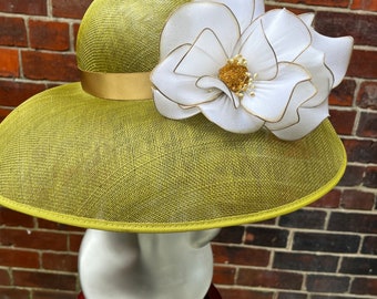 Simply Stunning Olive Green Cream and Antique Gold Audrey Hepburn style hat. A absolute ‘Show Stopper’ perfect for any special occasion