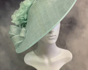 Stunning  large, formal, Mint Sinamay Wedding Hat with silk  flowers and matching feathers