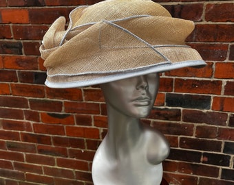 Stunning  formal, Cream Sinamay Wedding Hat with sinamay flowers and matching feathers