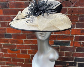 Stunning Formal cream and Black Sinamay Hat with Feather Flowers